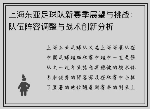 上海东亚足球队新赛季展望与挑战：队伍阵容调整与战术创新分析
