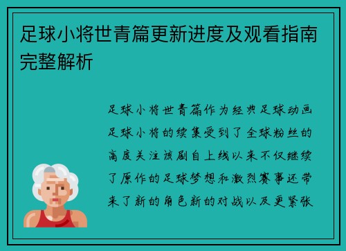 足球小将世青篇更新进度及观看指南完整解析