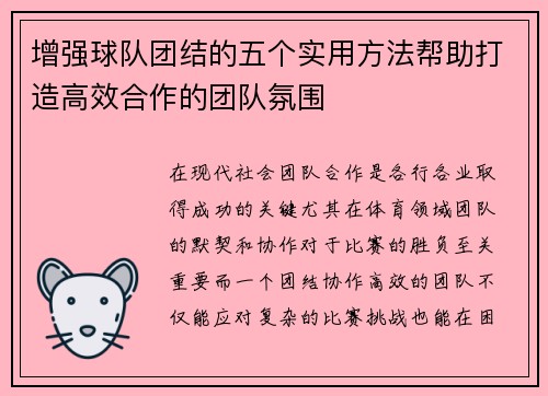 增强球队团结的五个实用方法帮助打造高效合作的团队氛围